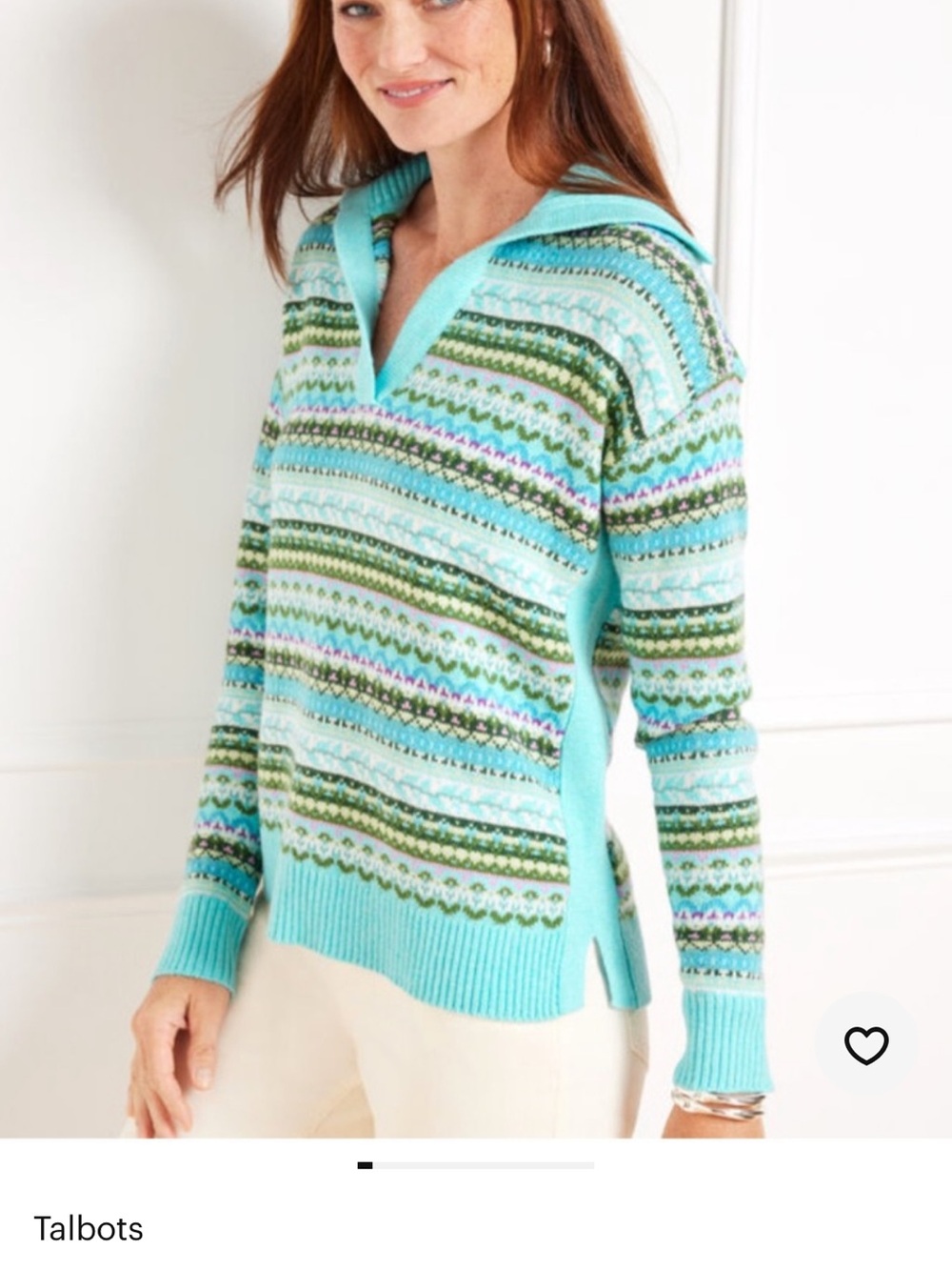 Talbots sky blue fair isle collar sweater
